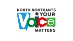 "North Northants Your Voice Matters" written in a combination of black, blue, green, red, and white colours with speech bubble designs around the letters.